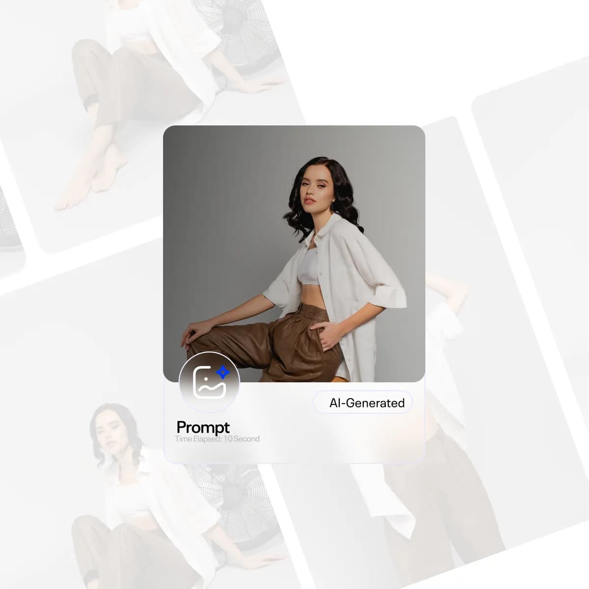 An AI-generated studio fashion shot on a product card