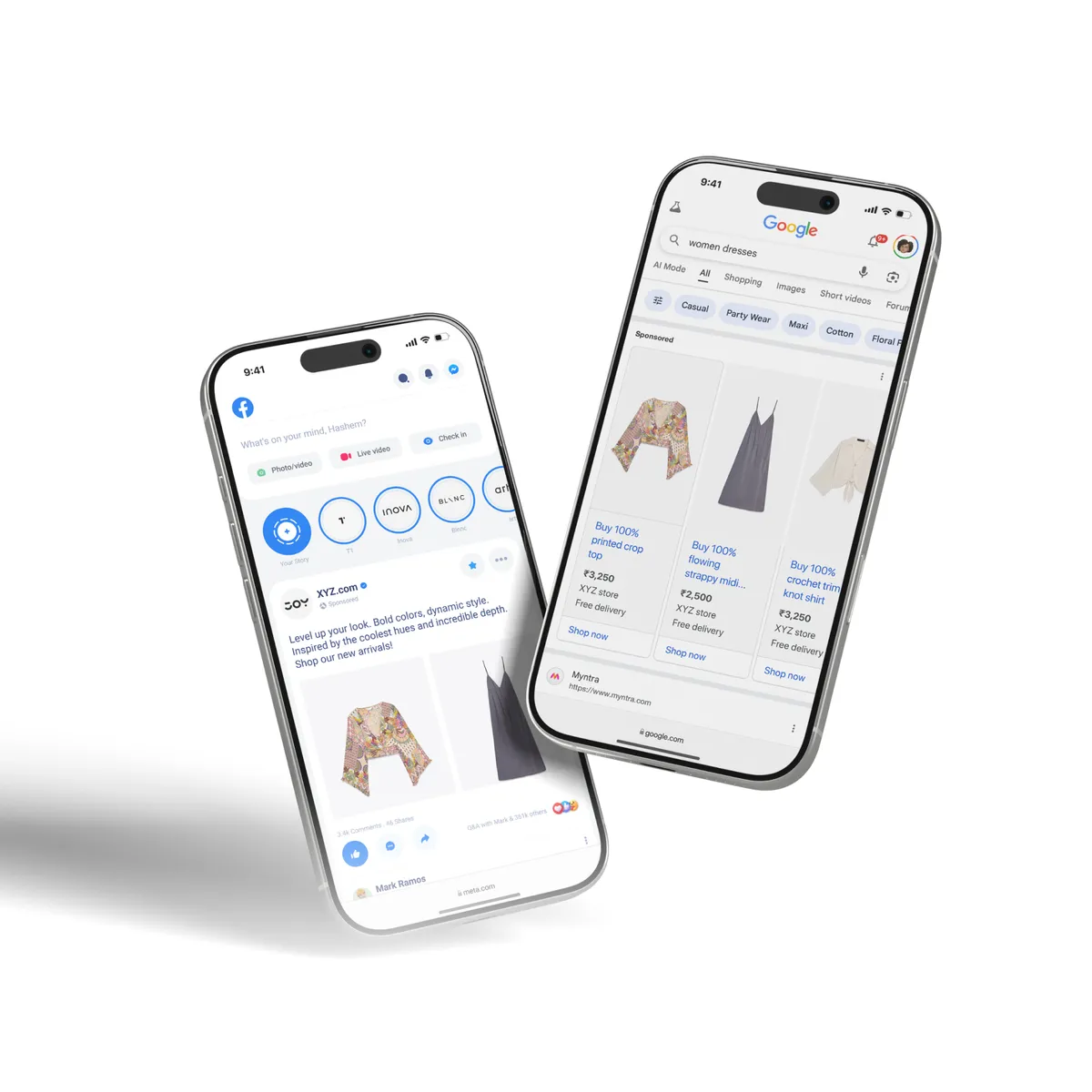 Product catalog ads shown in a social feed and in shopping search results