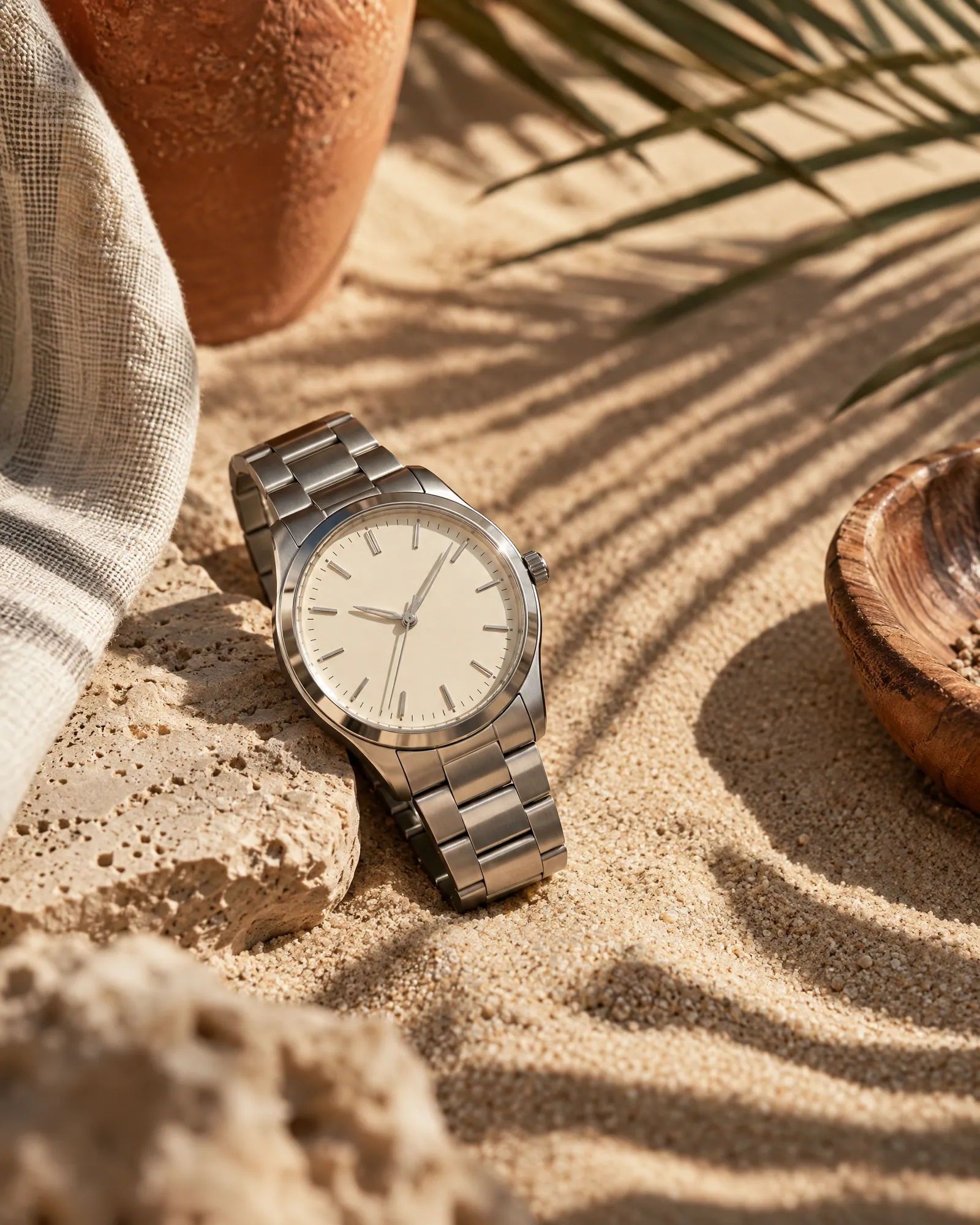 Watch on sand with a palm-leaf shadow (Helium-made example)