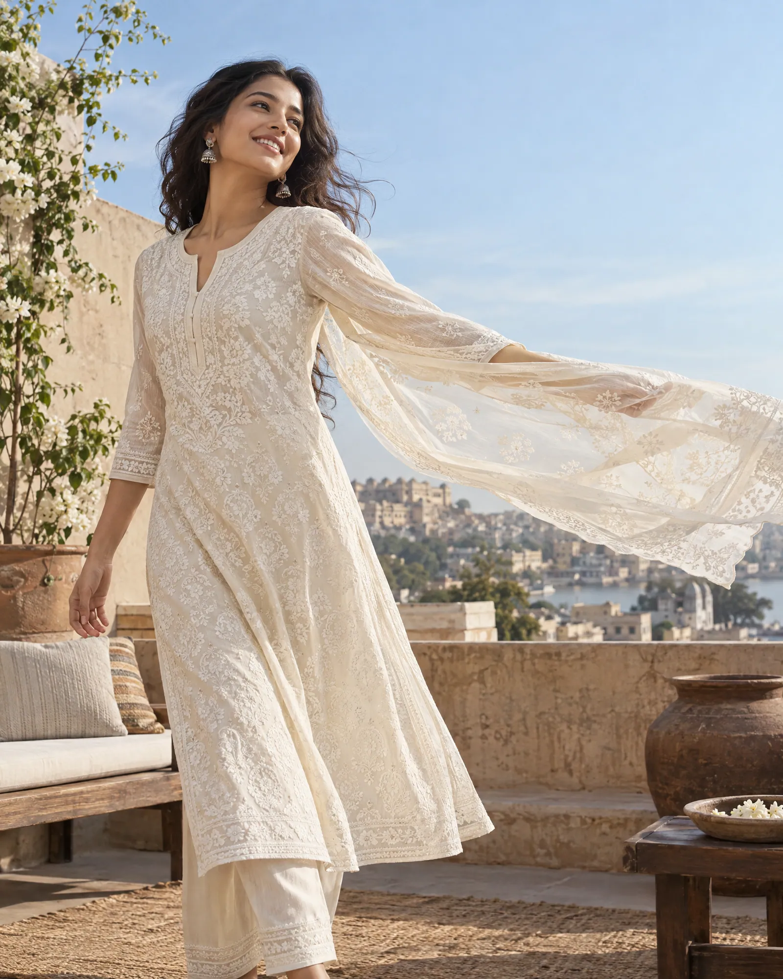 Woman in a kurta with her dupatta in the wind on a rooftop (Helium-made example)
