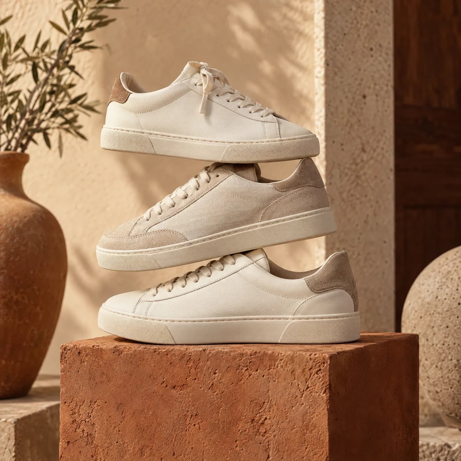 Scroll-stopping ad still: three sneakers on a plinth (Helium-made example)