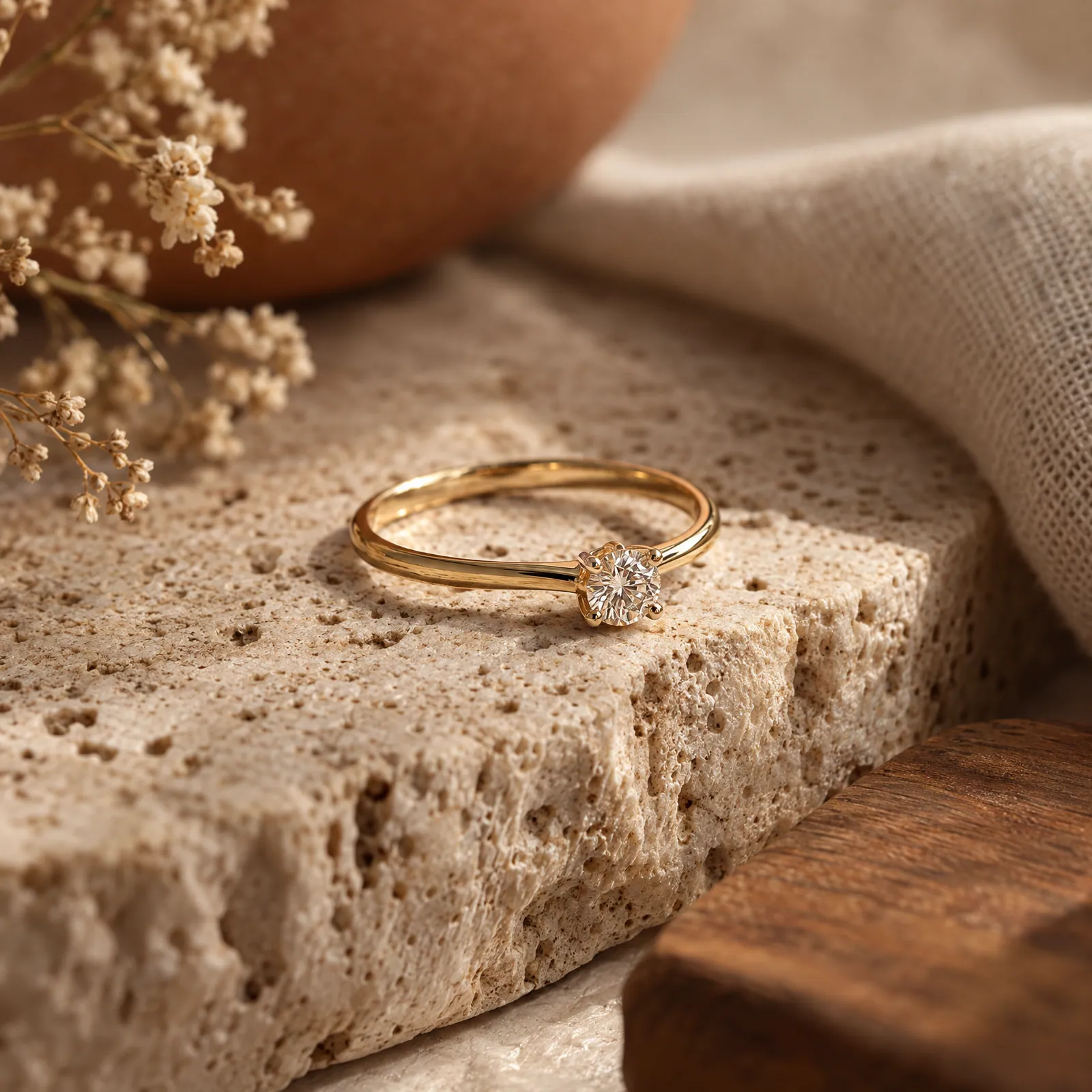 Gold diamond ring on travertine, macro (Helium-made example)