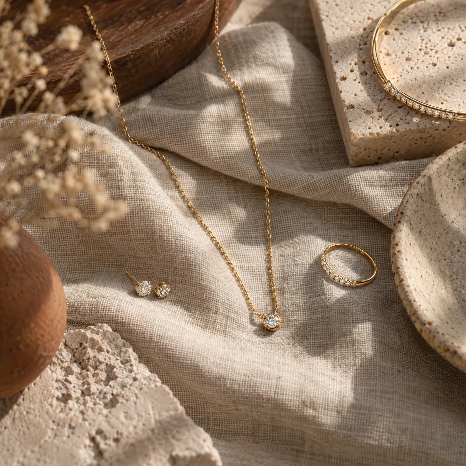Gold pendant necklace on oat linen (Helium-made example)