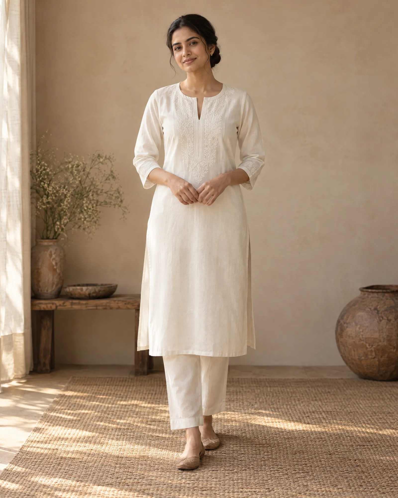 Ivory chikankari kurta set, studio front view (Helium-made example)