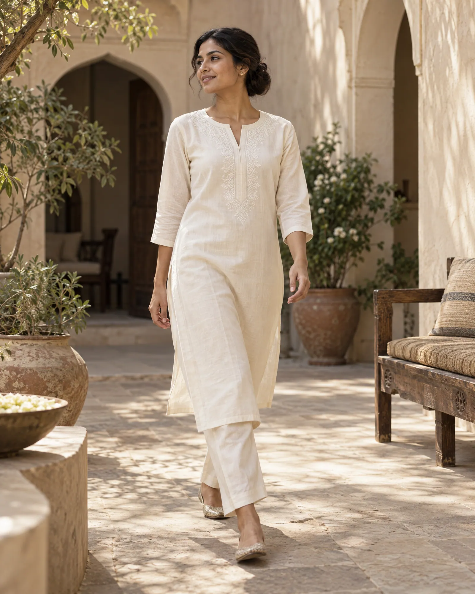 Ivory chikankari kurta set walking through a courtyard (Helium-made example)
