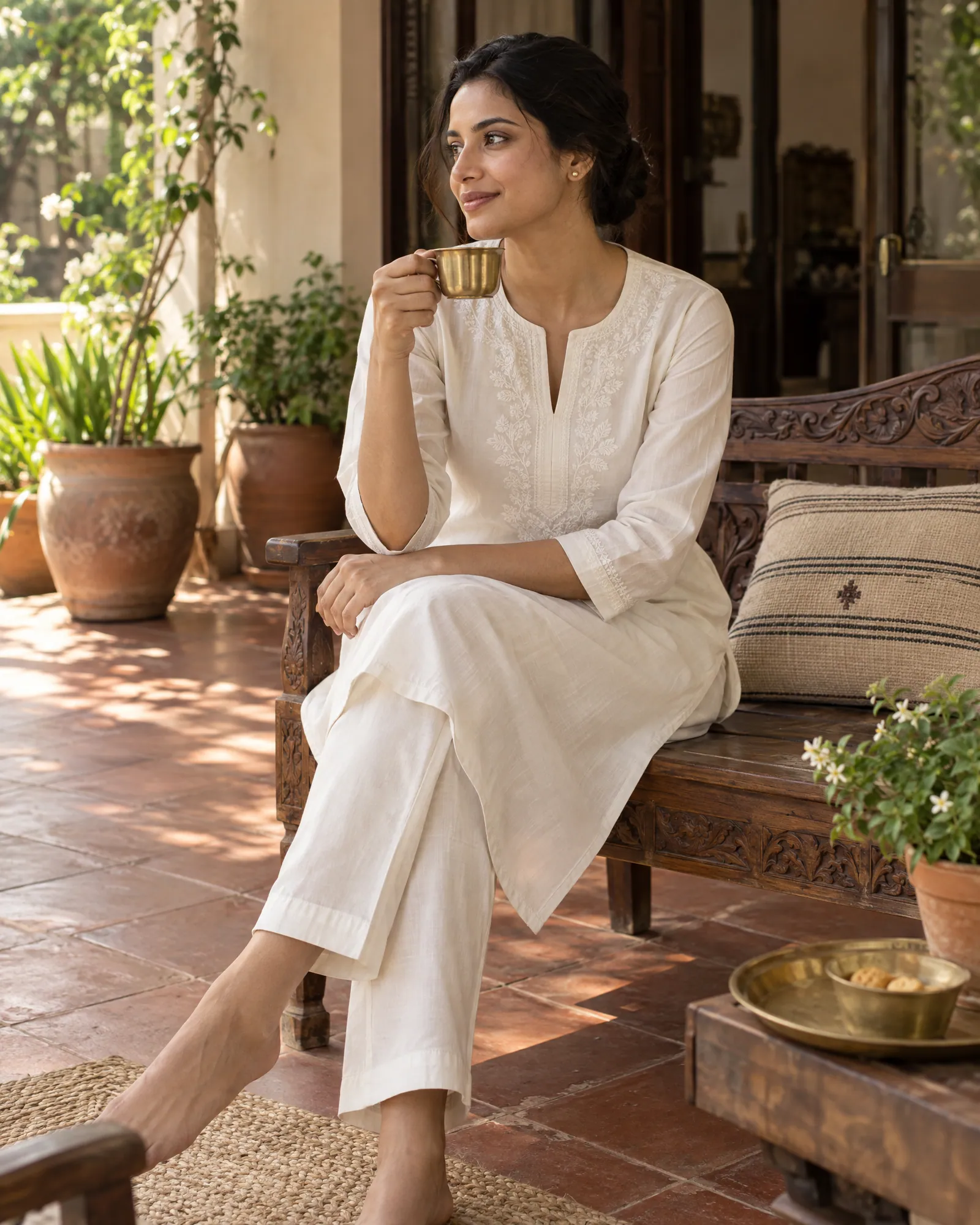 Kurta set lifestyle shot with chai on a verandah (Helium-made example)