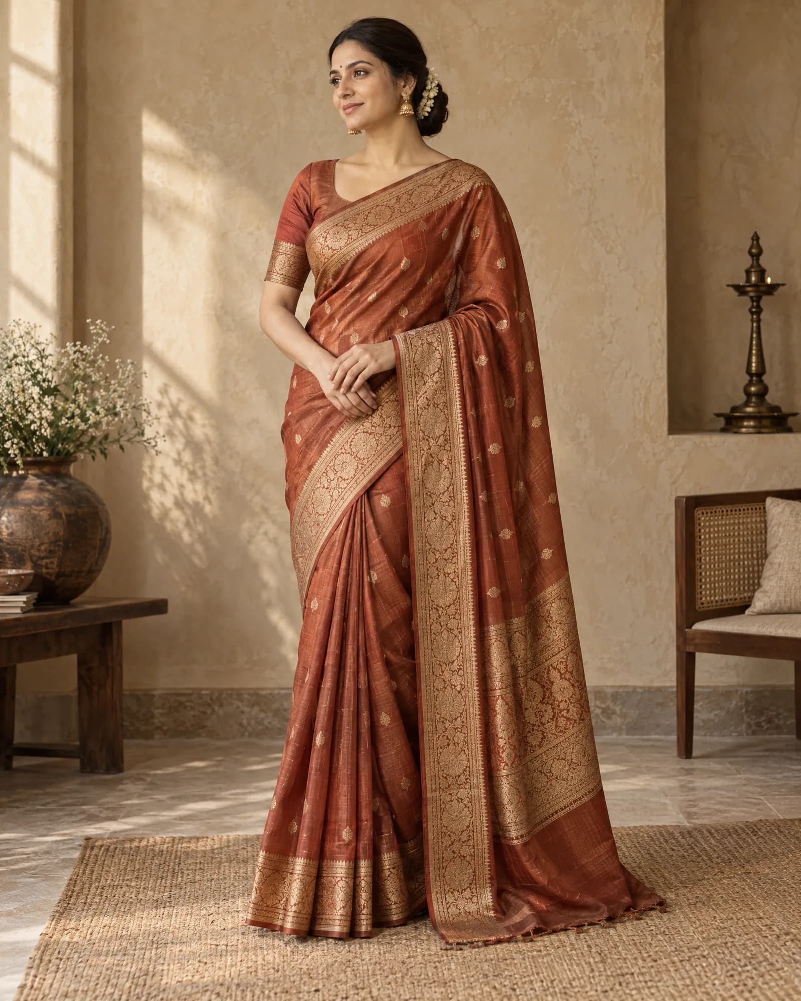 Terracotta Banarasi silk saree, full-length studio shot (Helium-made example)