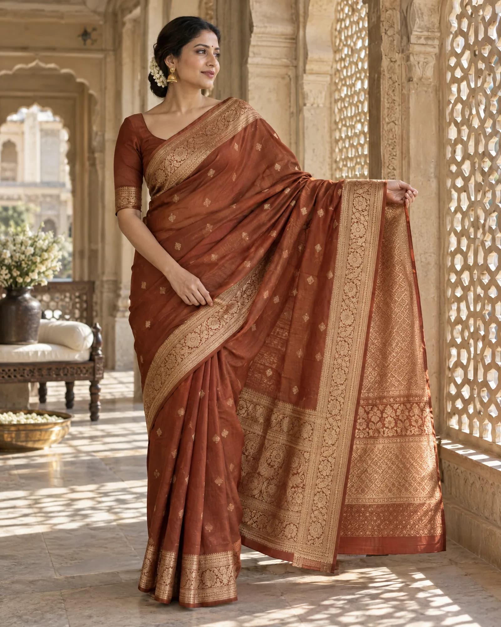 Terracotta Banarasi silk saree with the pallu held open in a jali corridor (Helium-made example)