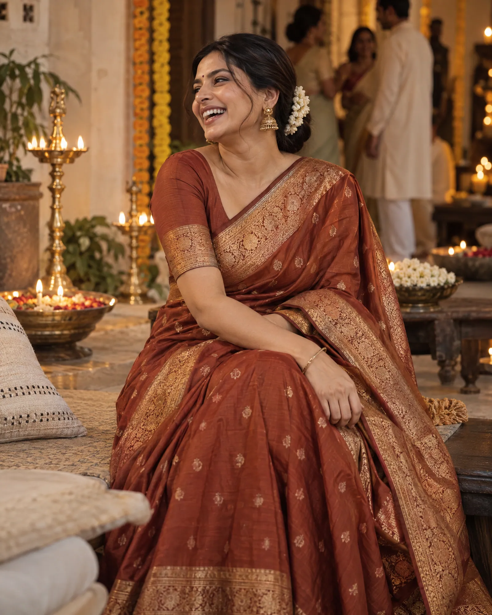 Festive lifestyle shot of the saree among diyas and marigolds (Helium-made example)