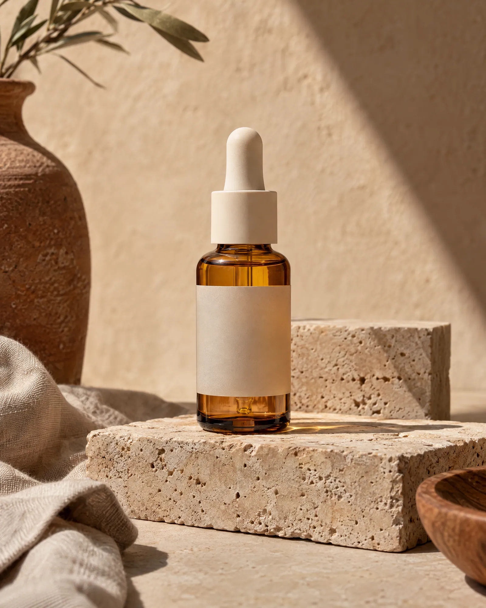 Amber serum bottle on a travertine block (Helium-made example)
