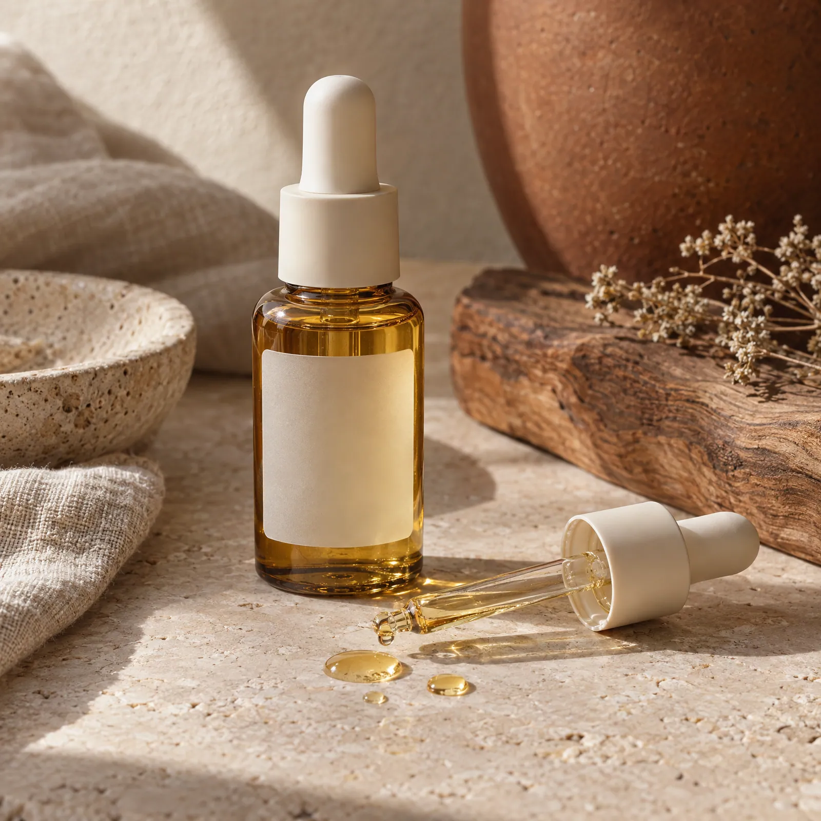 Golden serum drops beside the bottle (Helium-made example)