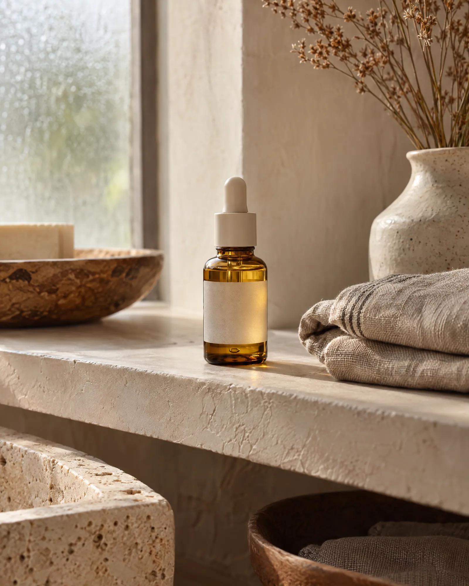 Serum bottle on a limewashed bathroom shelf (Helium-made example)