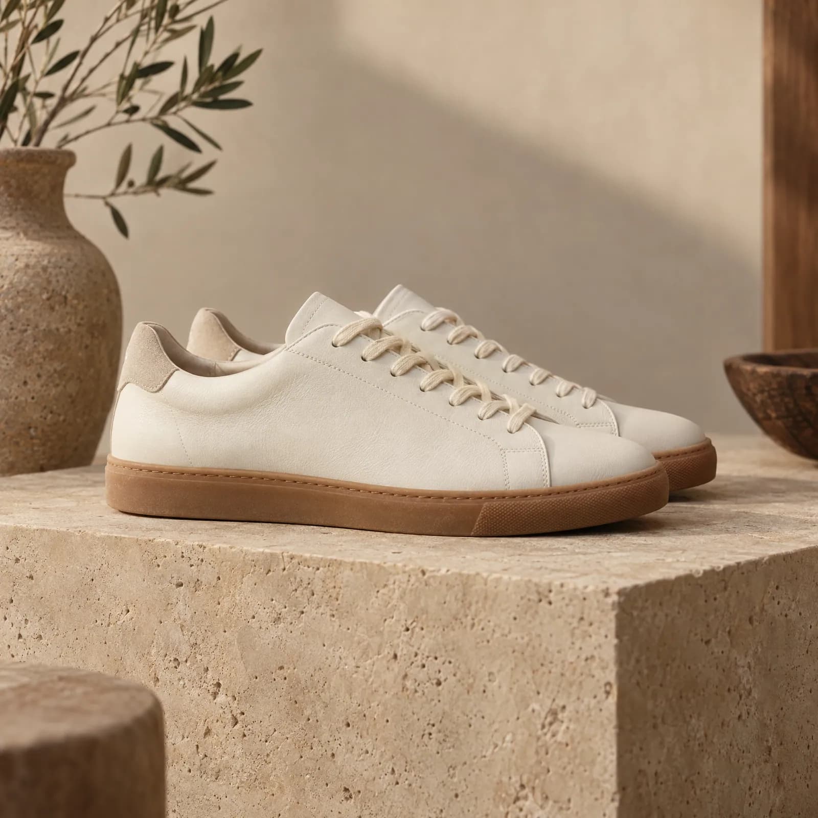 Pair of off-white sneakers on a travertine plinth (Helium-made example)
