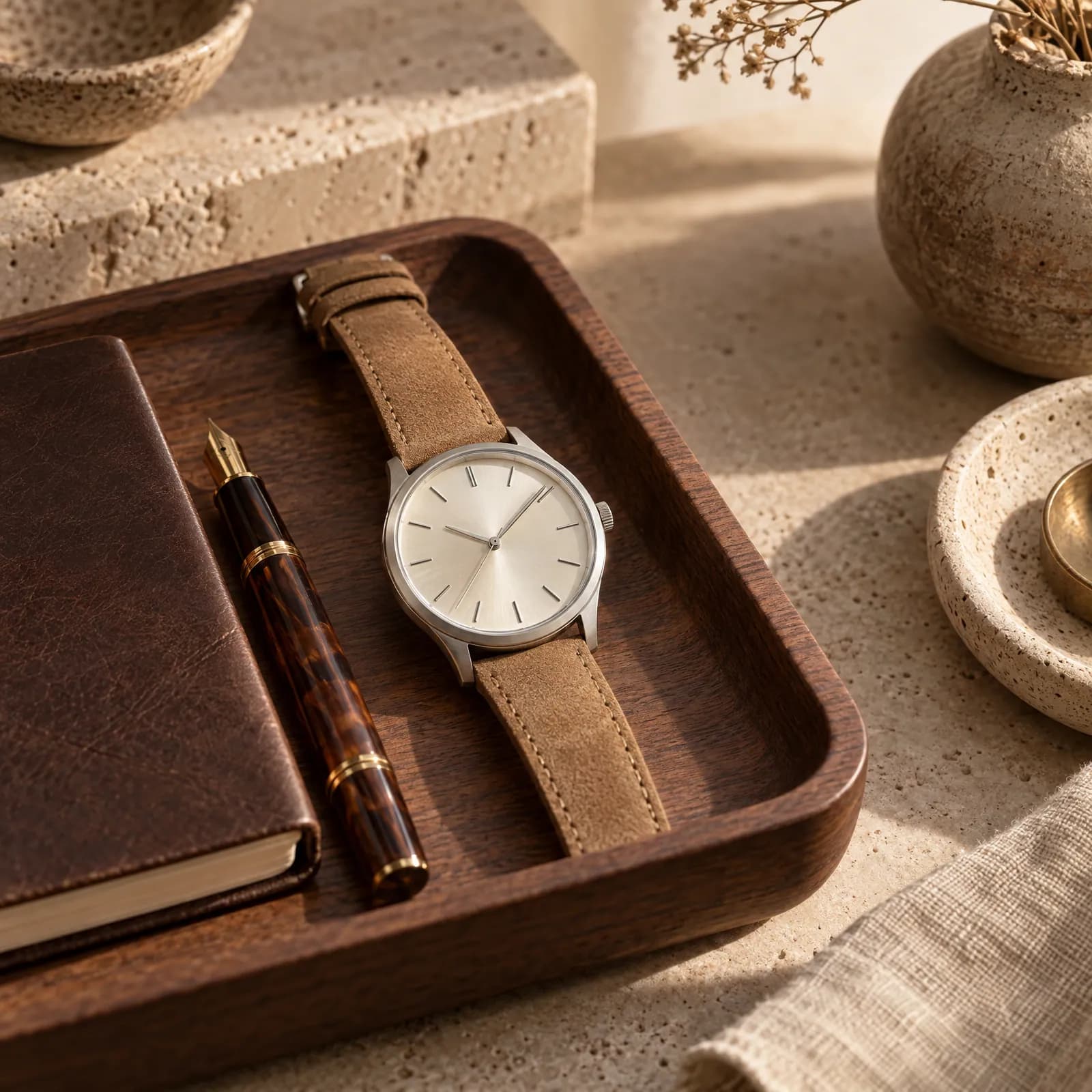 Cream-dial watch on a walnut valet tray (Helium-made example)