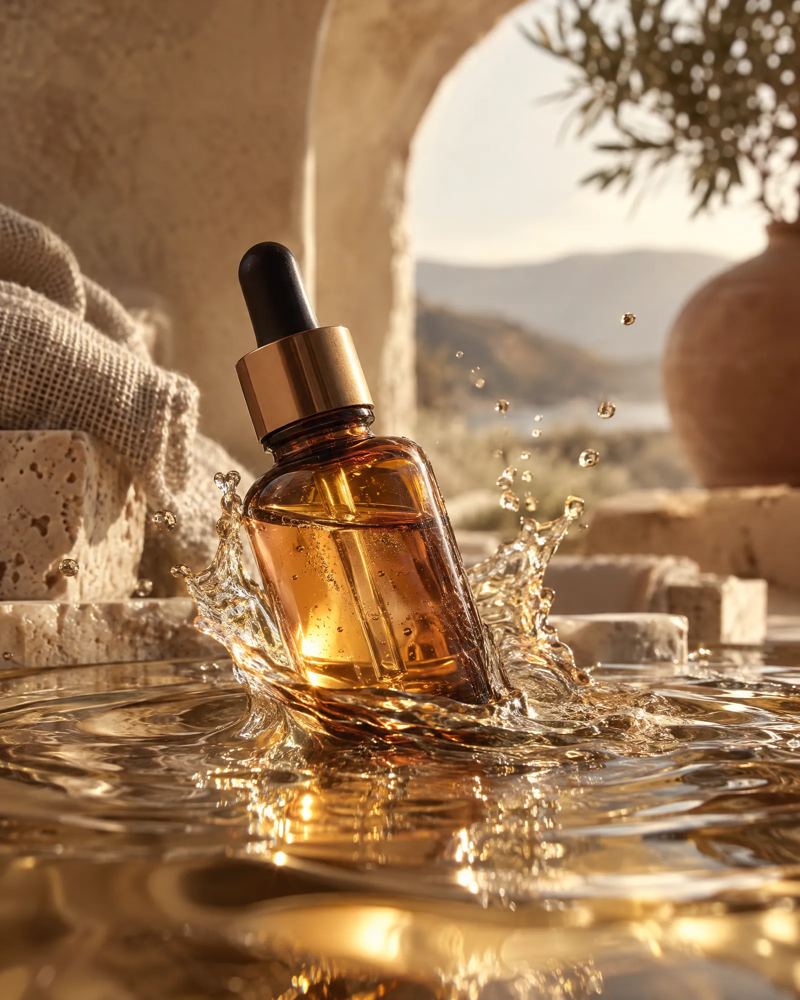 Serum bottle in a golden splash (Helium-made example)