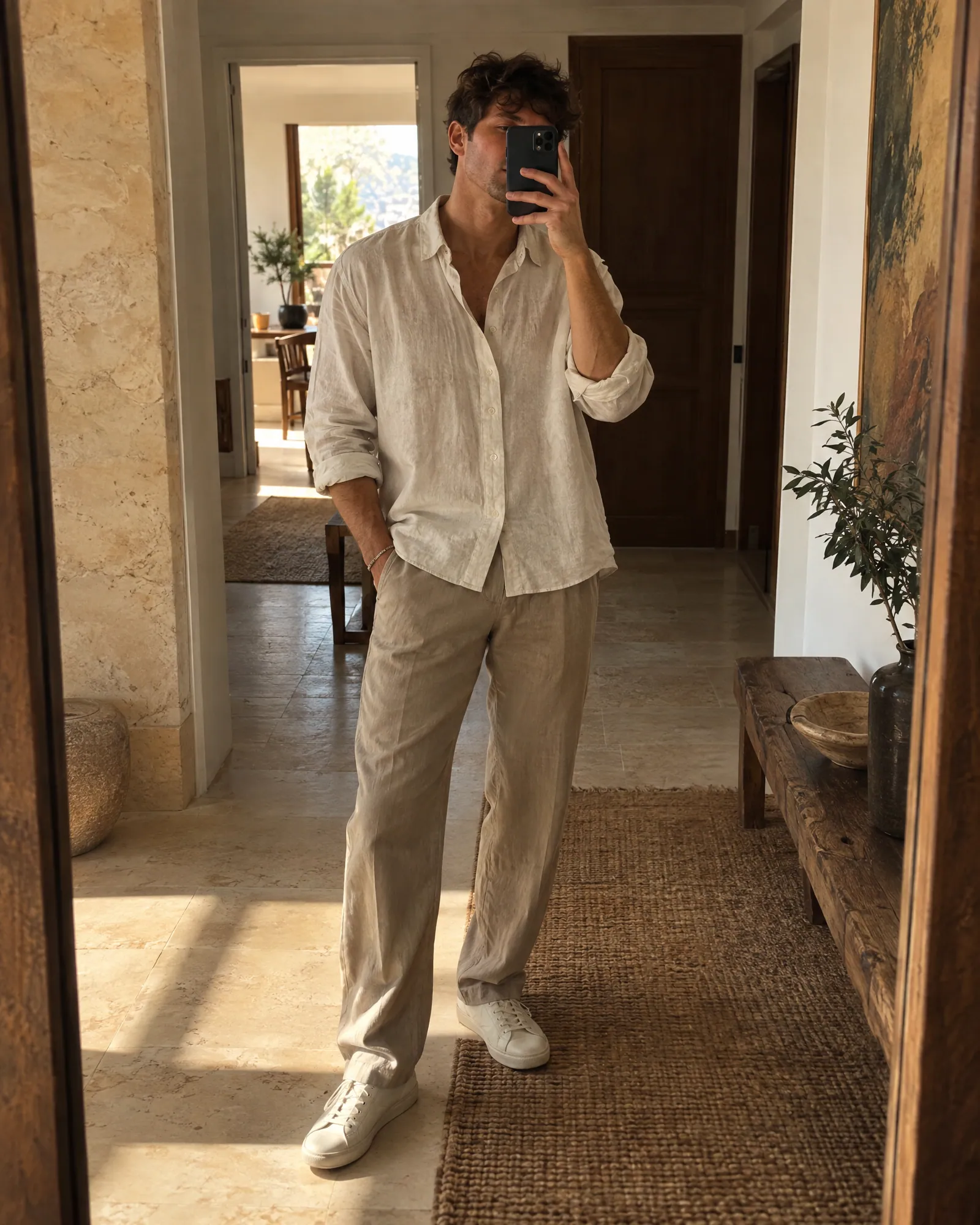 Man taking a mirror selfie showing his sneakers (Helium-made example)