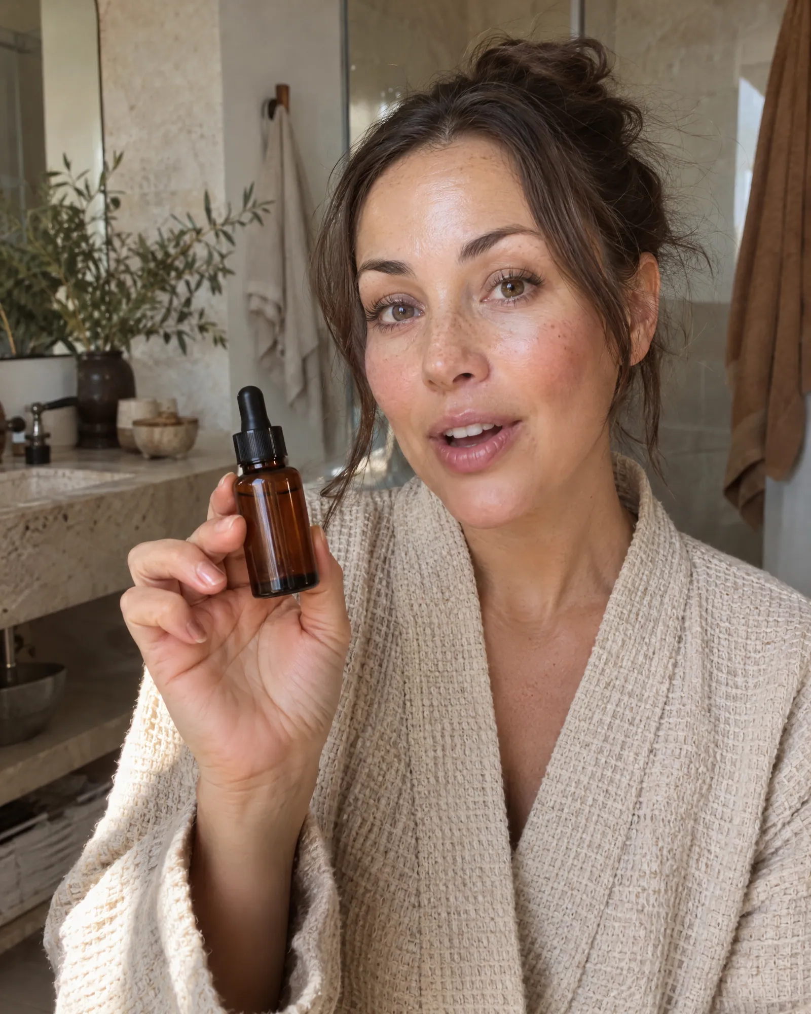 Woman holding a serum bottle up to camera, UGC review style (Helium-made example)