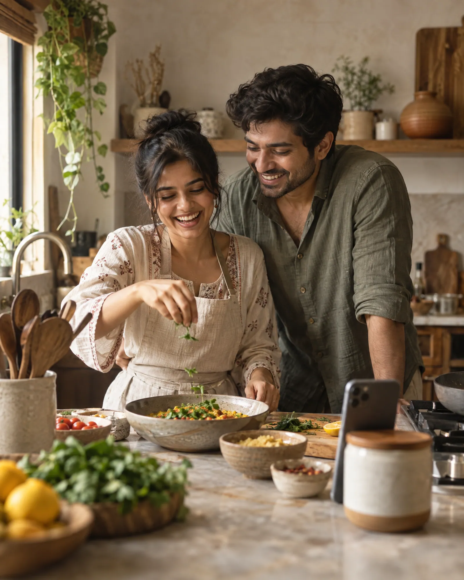 Couple filming a cooking reel in their kitchen (Helium-made example)