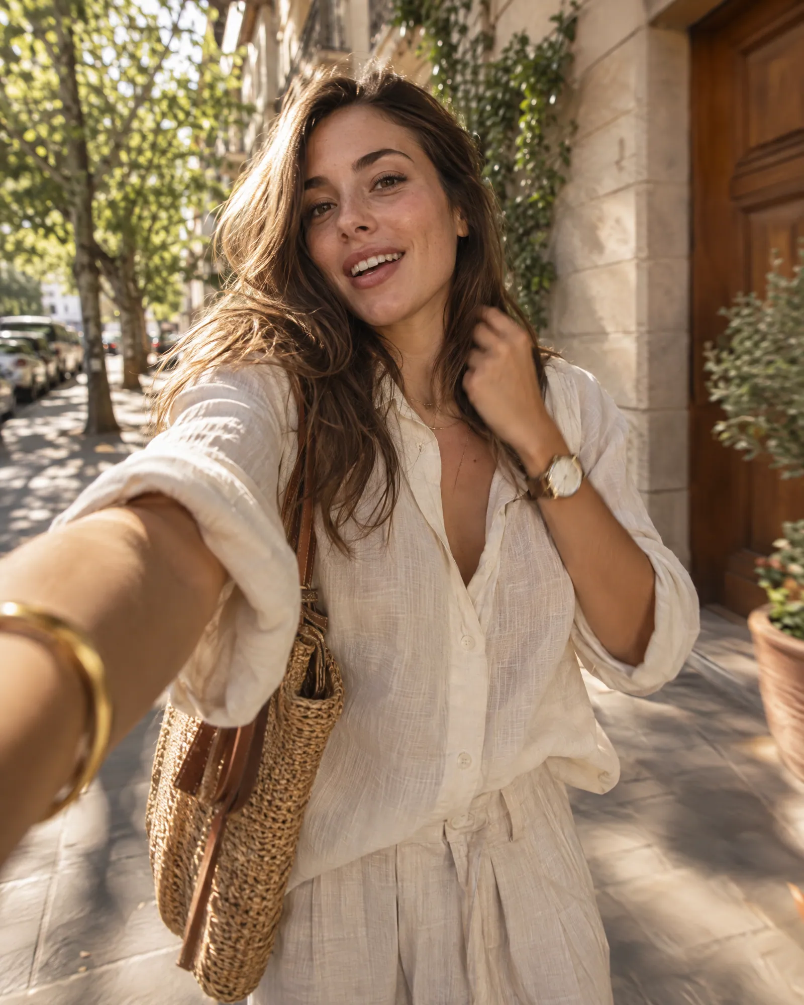 Woman talking to her phone camera on a leafy street (Helium-made example)