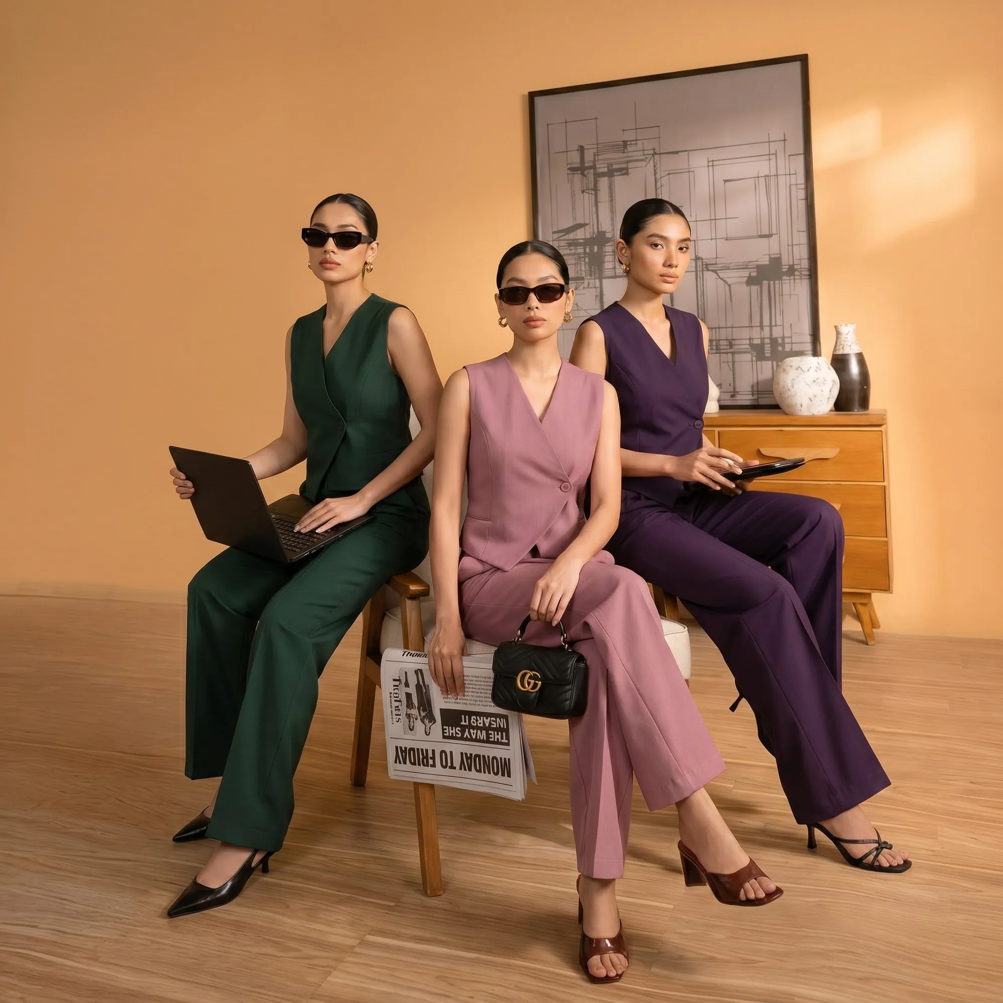 Bossbella waistcoat sets on three models, made by Helium
