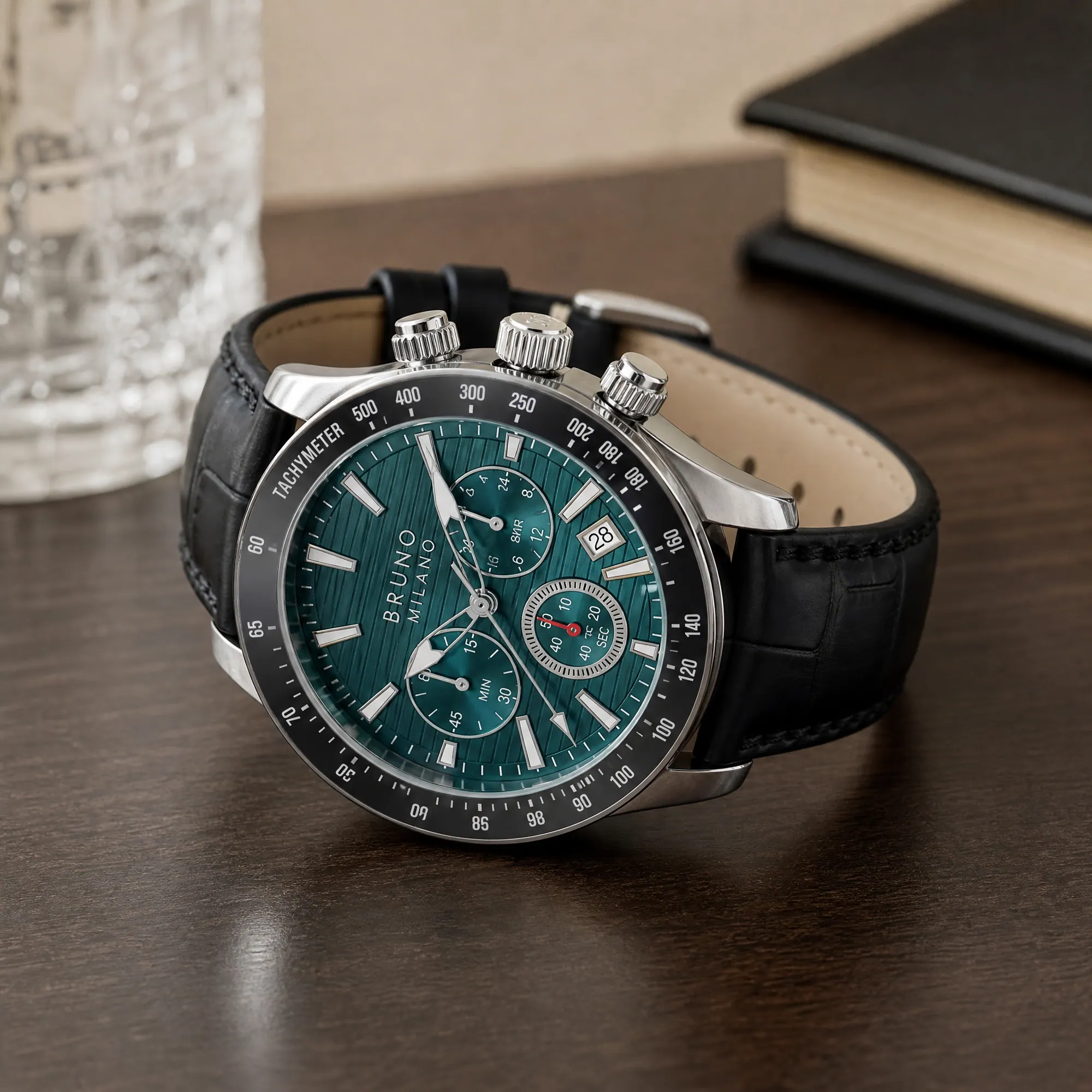 Bruno Milano chronograph on a desk, made by Helium