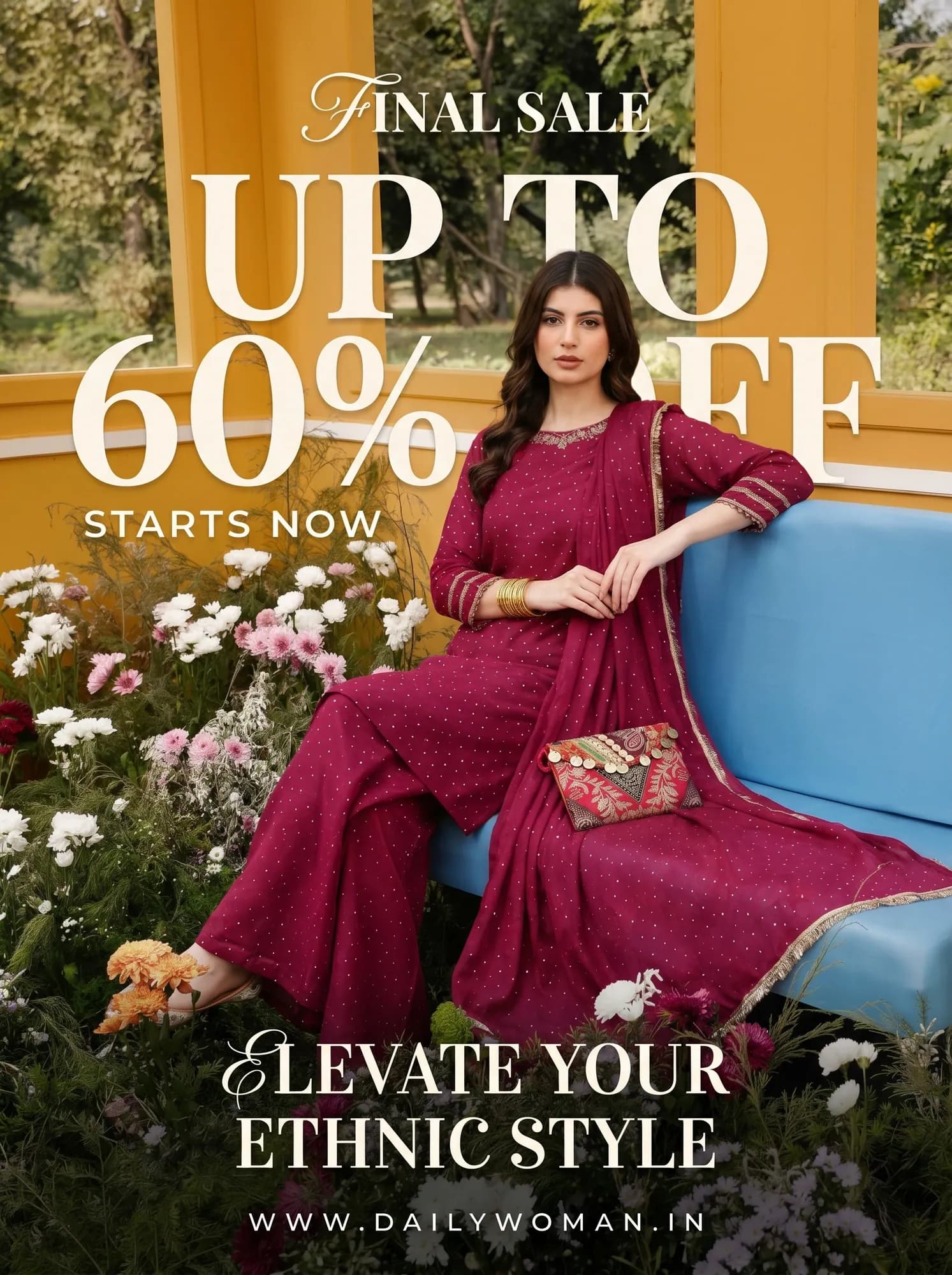 AI campaign still for Daily Woman: a purple kurta set in a garden