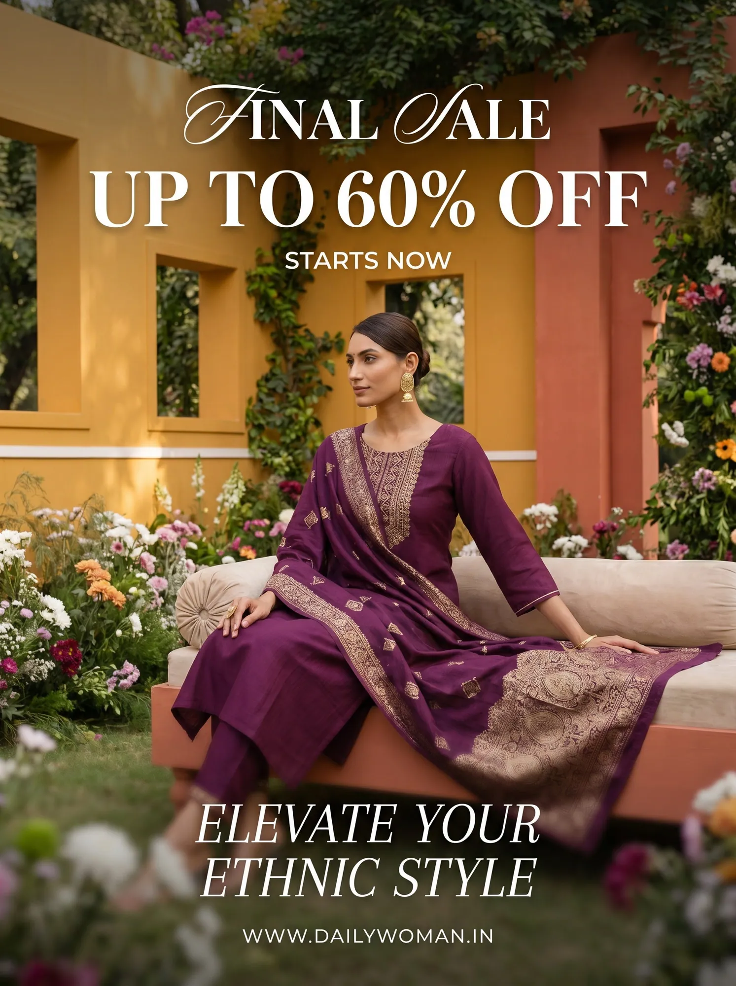 AI campaign still of a woman in a red kurta set on a garden sofa