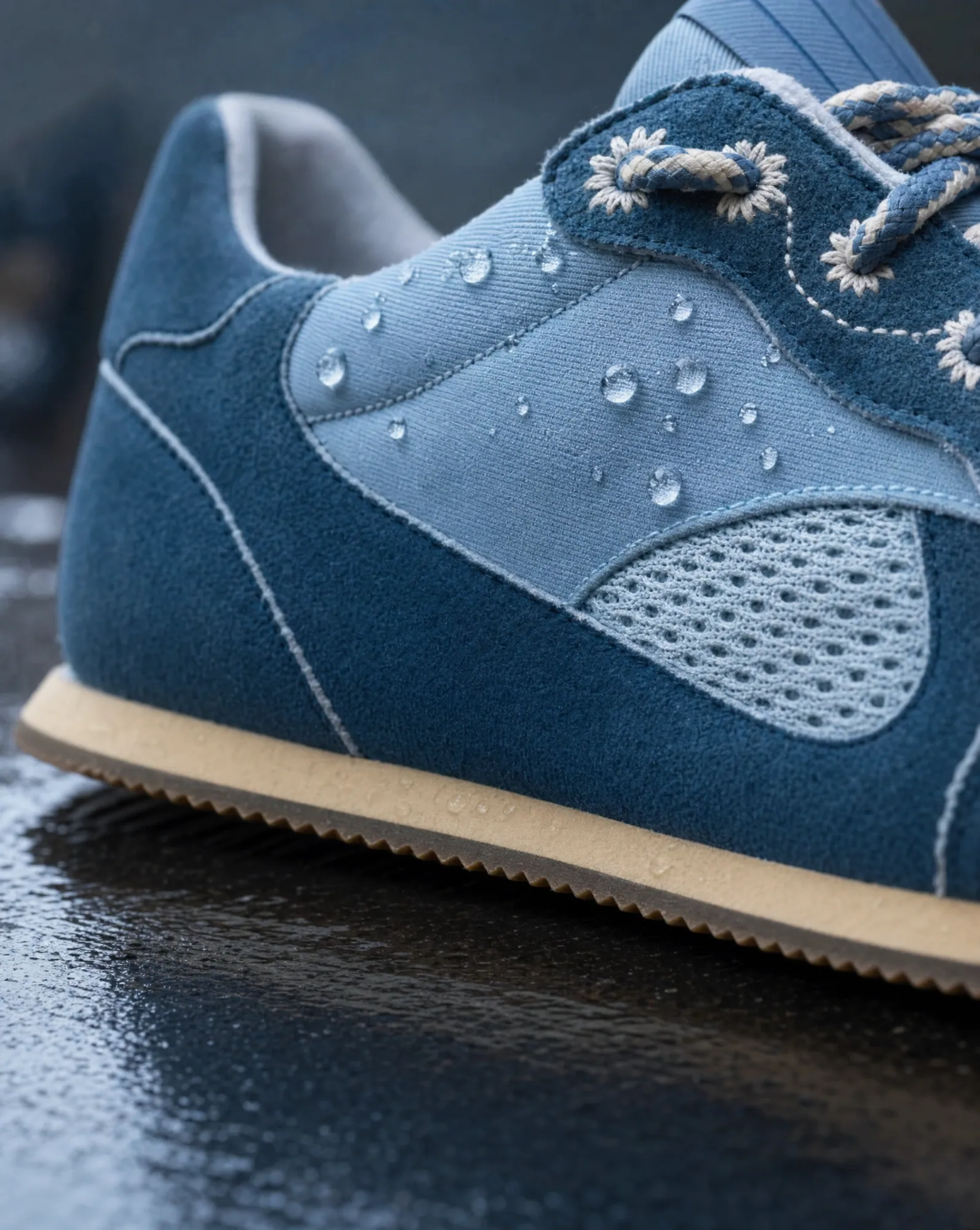 After: AI detail of the suede upper with water droplets