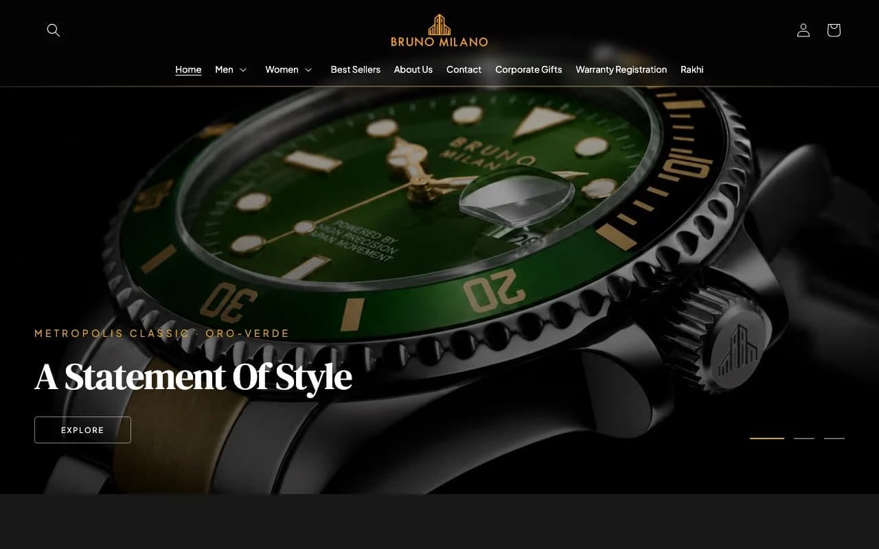 Bruno Milano website hero: 'A statement of style' with a green-dial watch