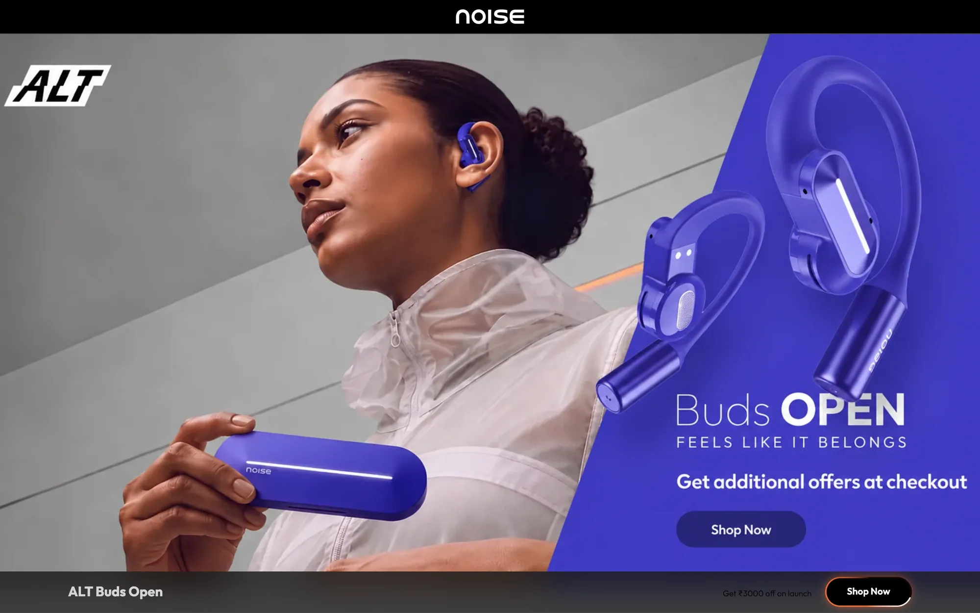 Noise ALT Buds Open launch page with a model wearing open-ear buds