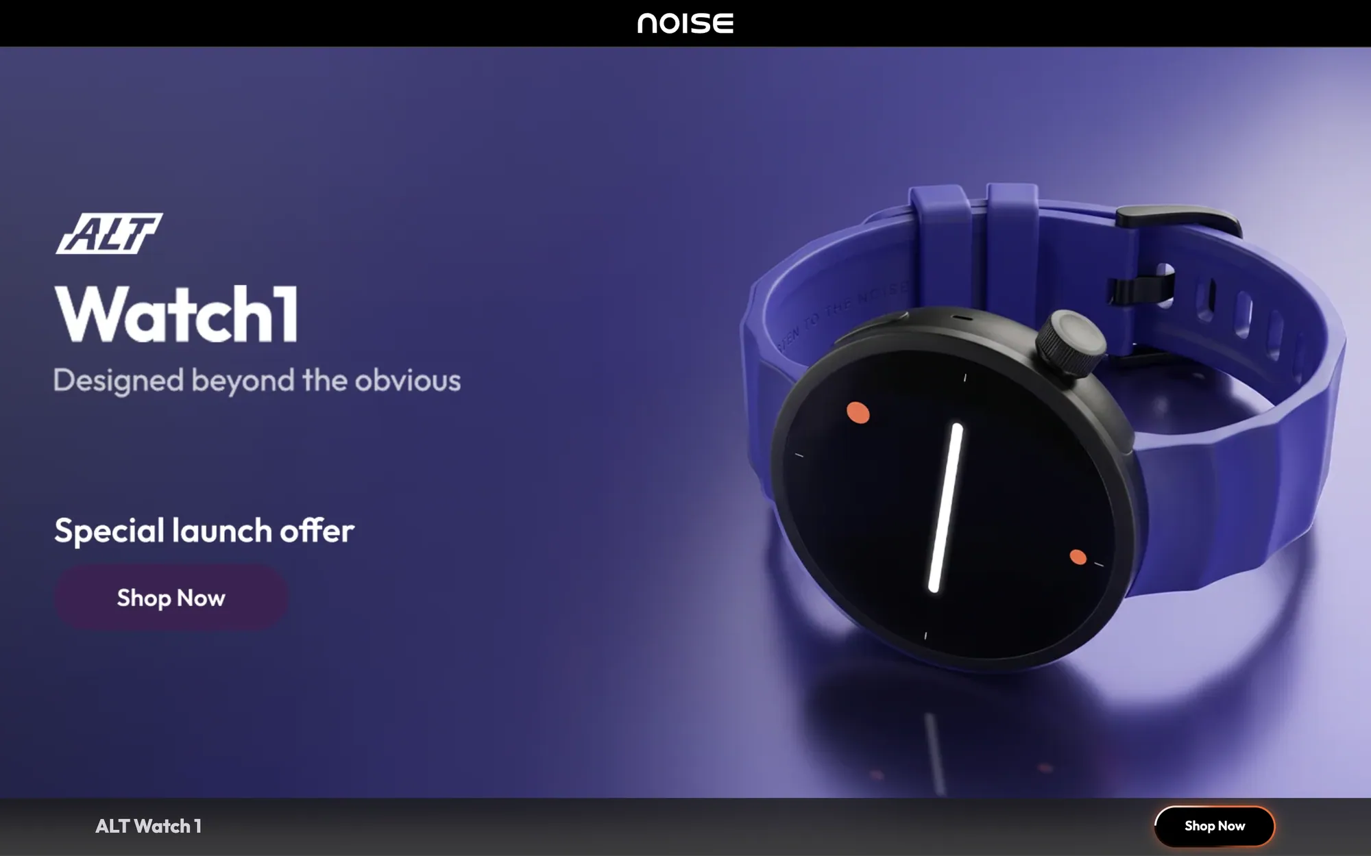 Noise ALT Watch 1 launch page: 'Designed beyond the obvious'