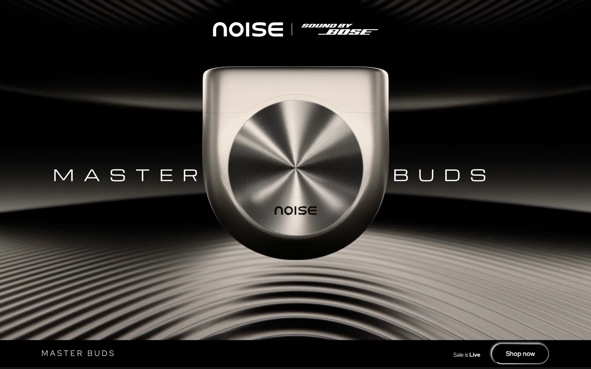 Noise Master Buds launch page with a chrome earbud case
