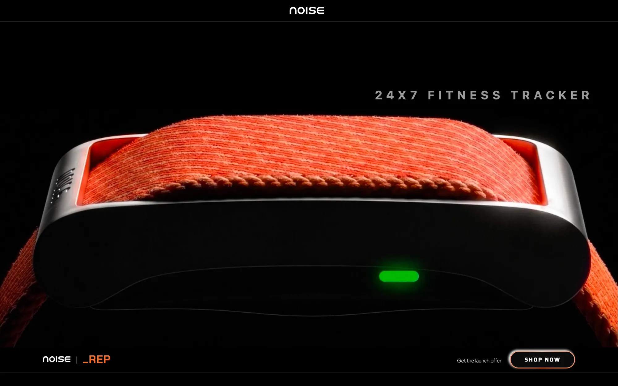 Noise REP launch page: a fitness tracker with an orange woven strap