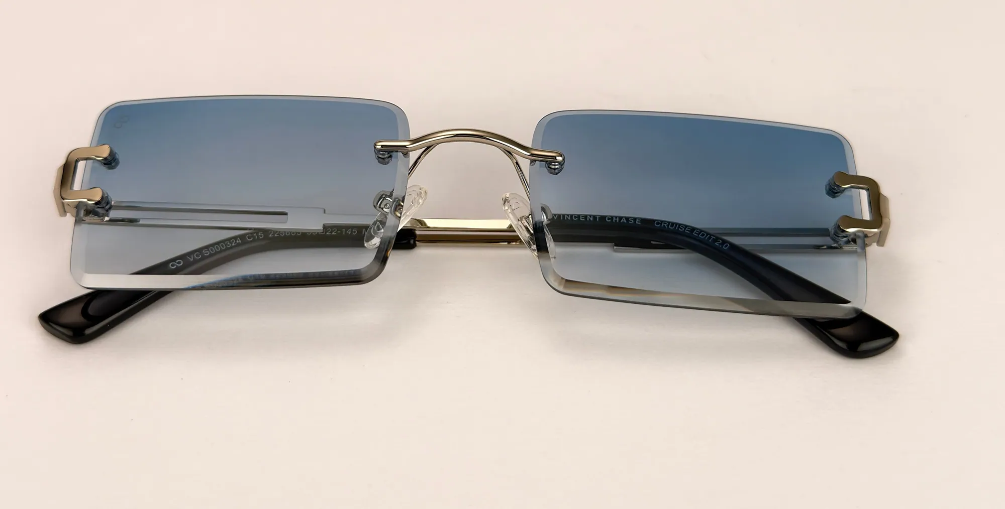 Studio packshot of sunglasses, front view folded