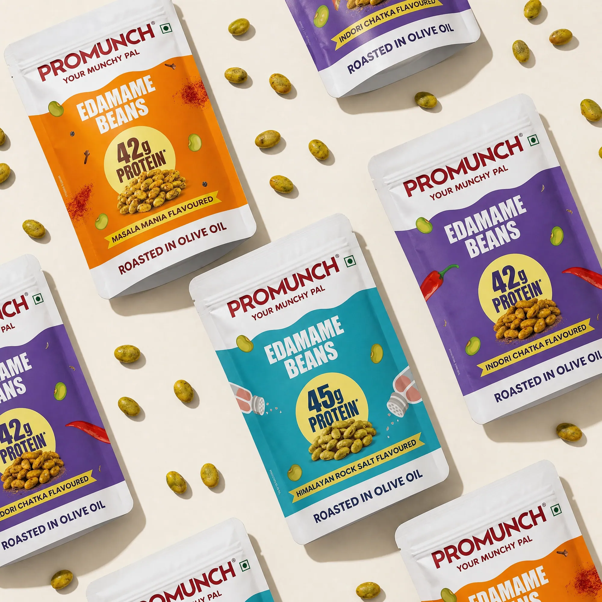 Promunch ad creative: packs of roasted edamame in a flat-lay pattern