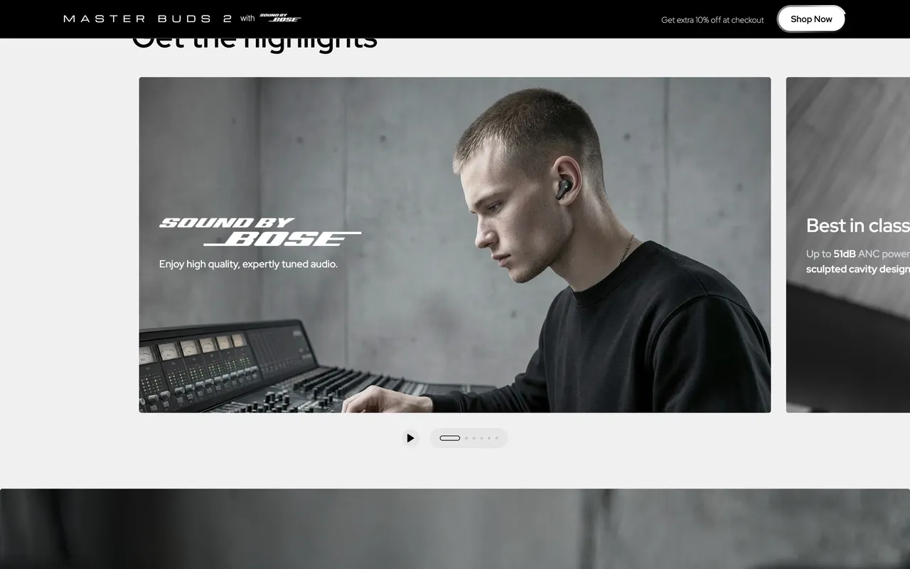 Master Buds 2 highlights: Sound by Bose, with a sound engineer at a mixing desk
