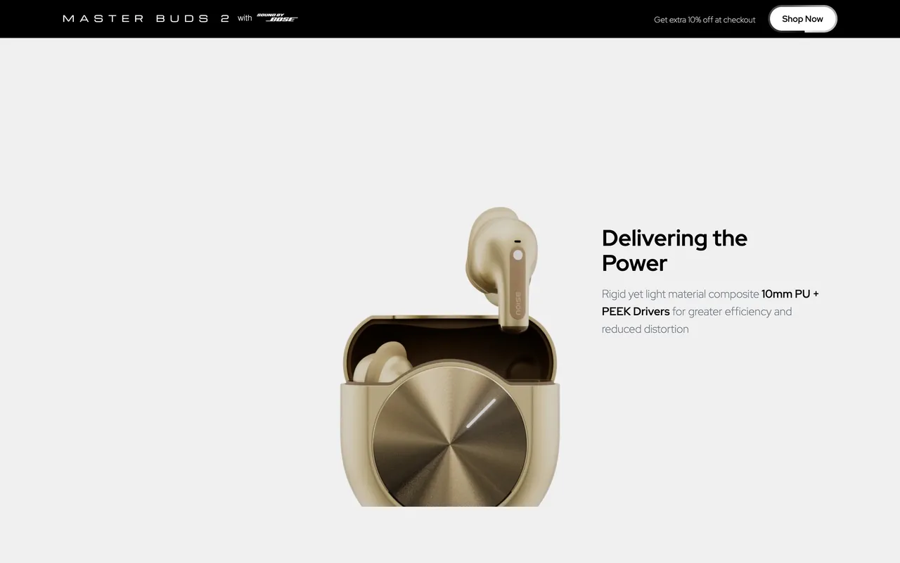 Master Buds 2 product reveal: the case opens and an earbud lifts out as you scroll