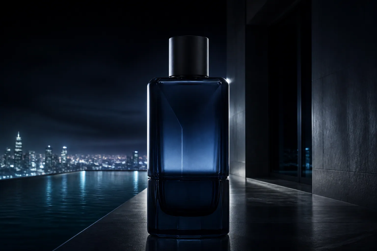 Rare Axis campaign still: the bottle at a penthouse pool at night
